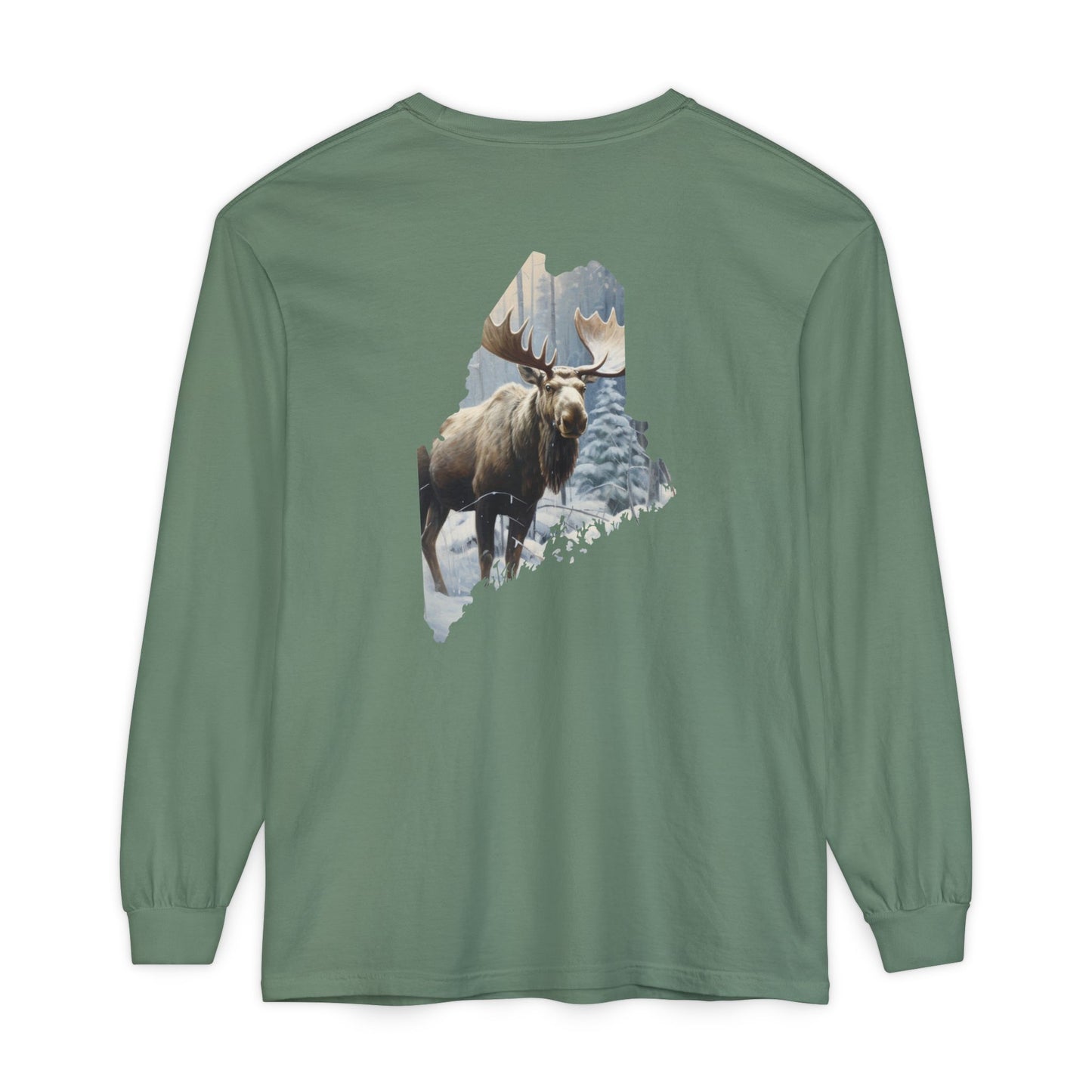 Winter Moose in Maine State 100% Cotton Long Sleeve T-Shirt