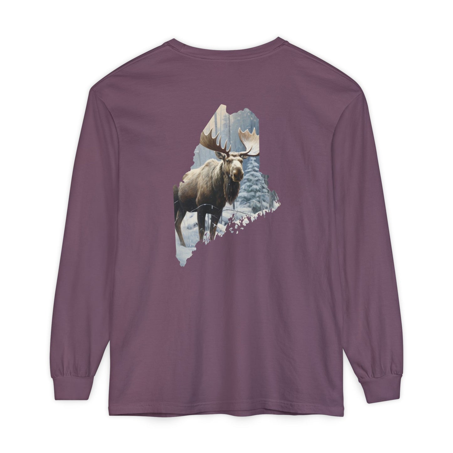 Winter Moose in Maine State 100% Cotton Long Sleeve T-Shirt