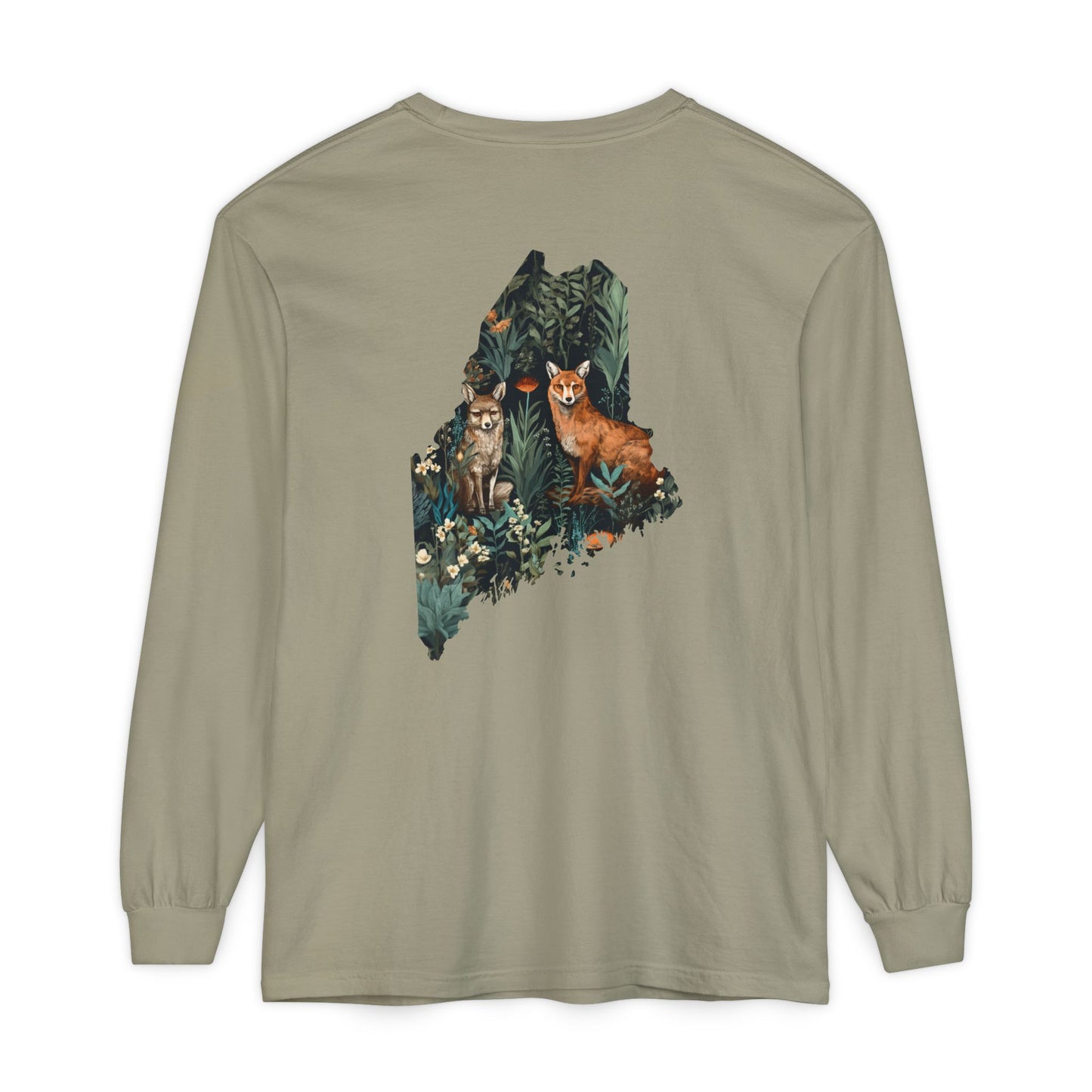Foxes in Wildflowers Maine State 100% Cotton Long Sleeve T-Shirt