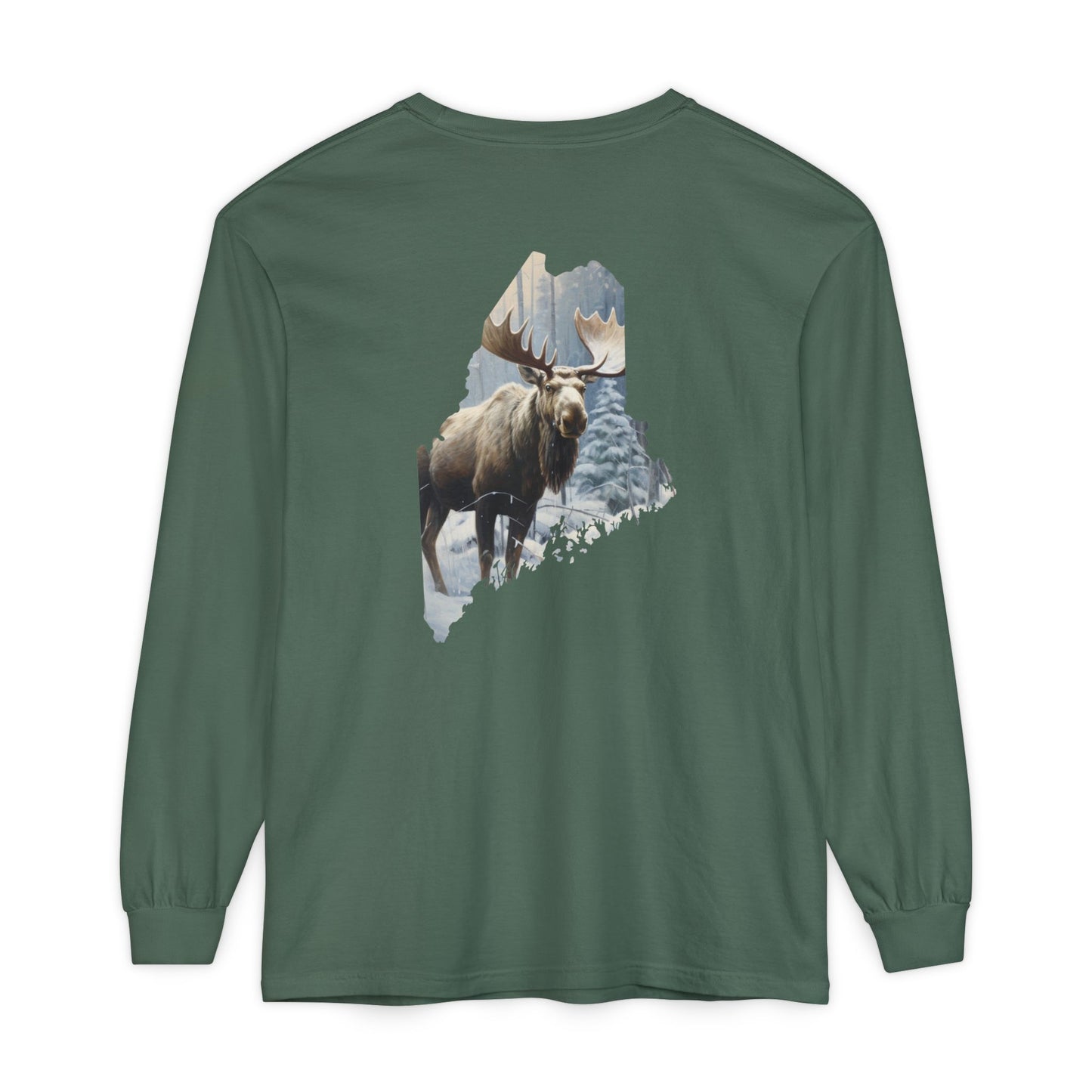 Winter Moose in Maine State 100% Cotton Long Sleeve T-Shirt