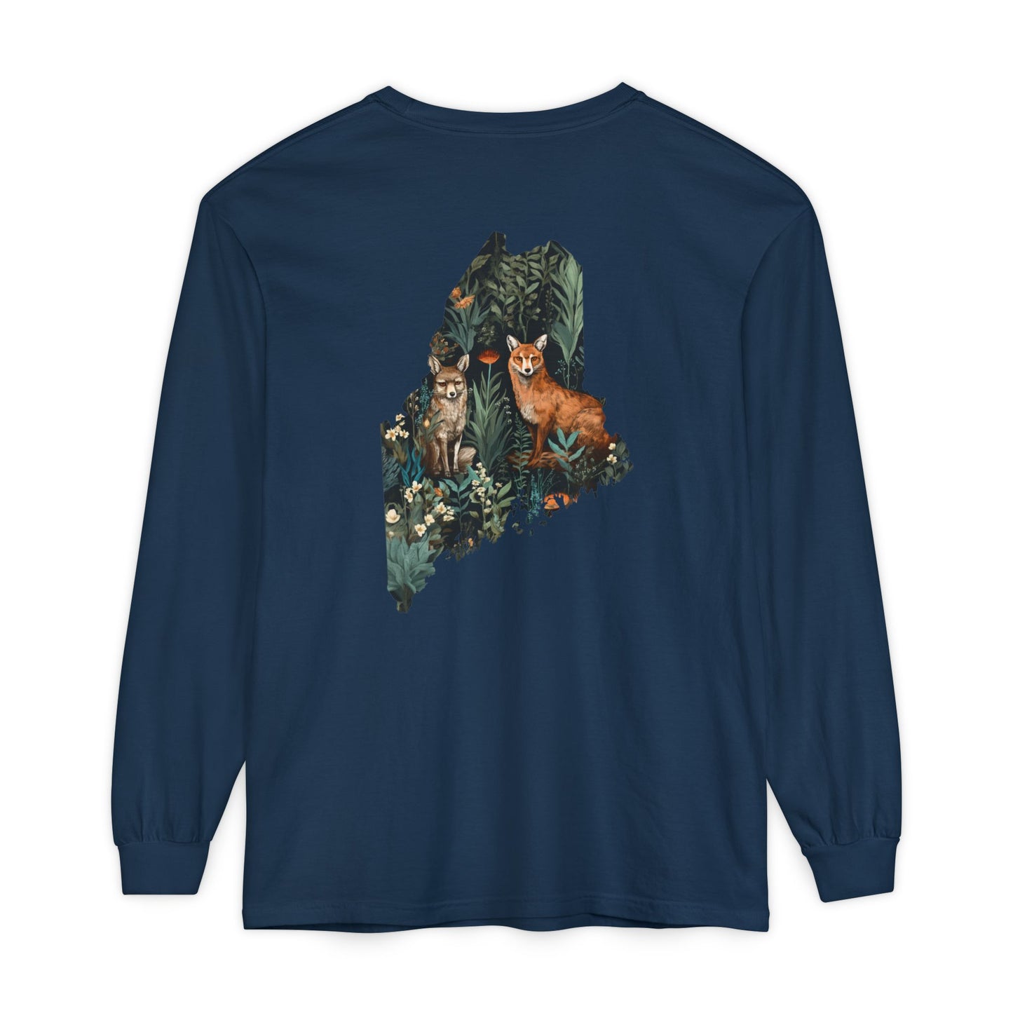 Foxes in Wildflowers Maine State 100% Cotton Long Sleeve T-Shirt
