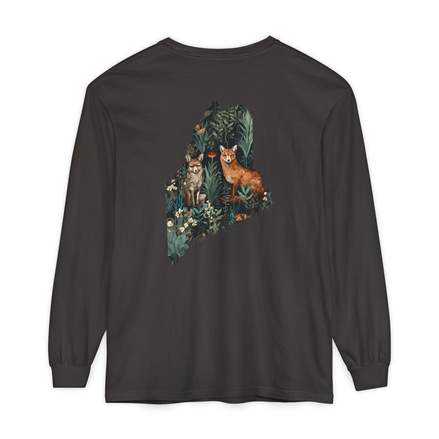 Foxes in Wildflowers Maine State 100% Cotton Long Sleeve T-Shirt