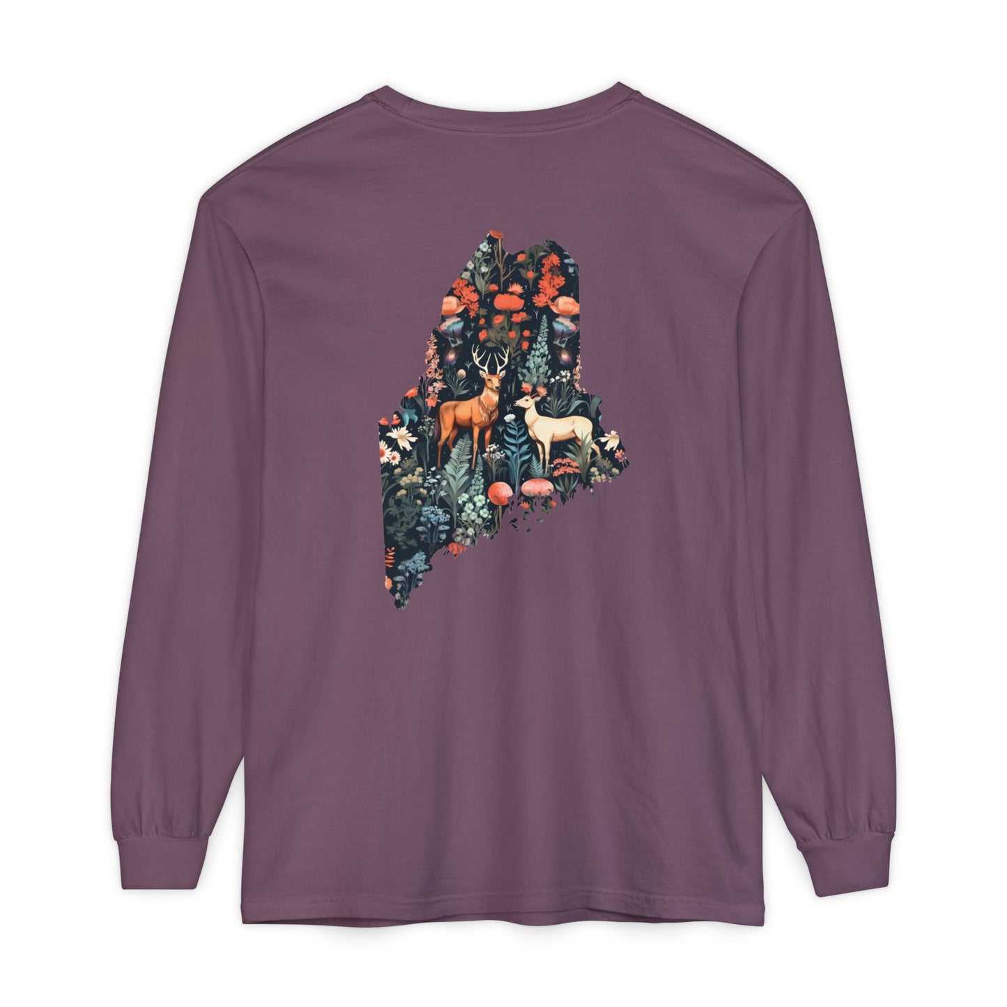 Folksy Deer Maine State 100% Cotton Long Sleeve T-Shirt