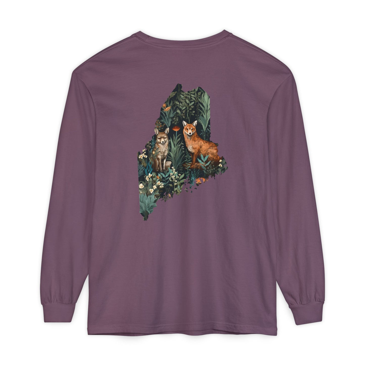 Foxes in Wildflowers Maine State 100% Cotton Long Sleeve T-Shirt