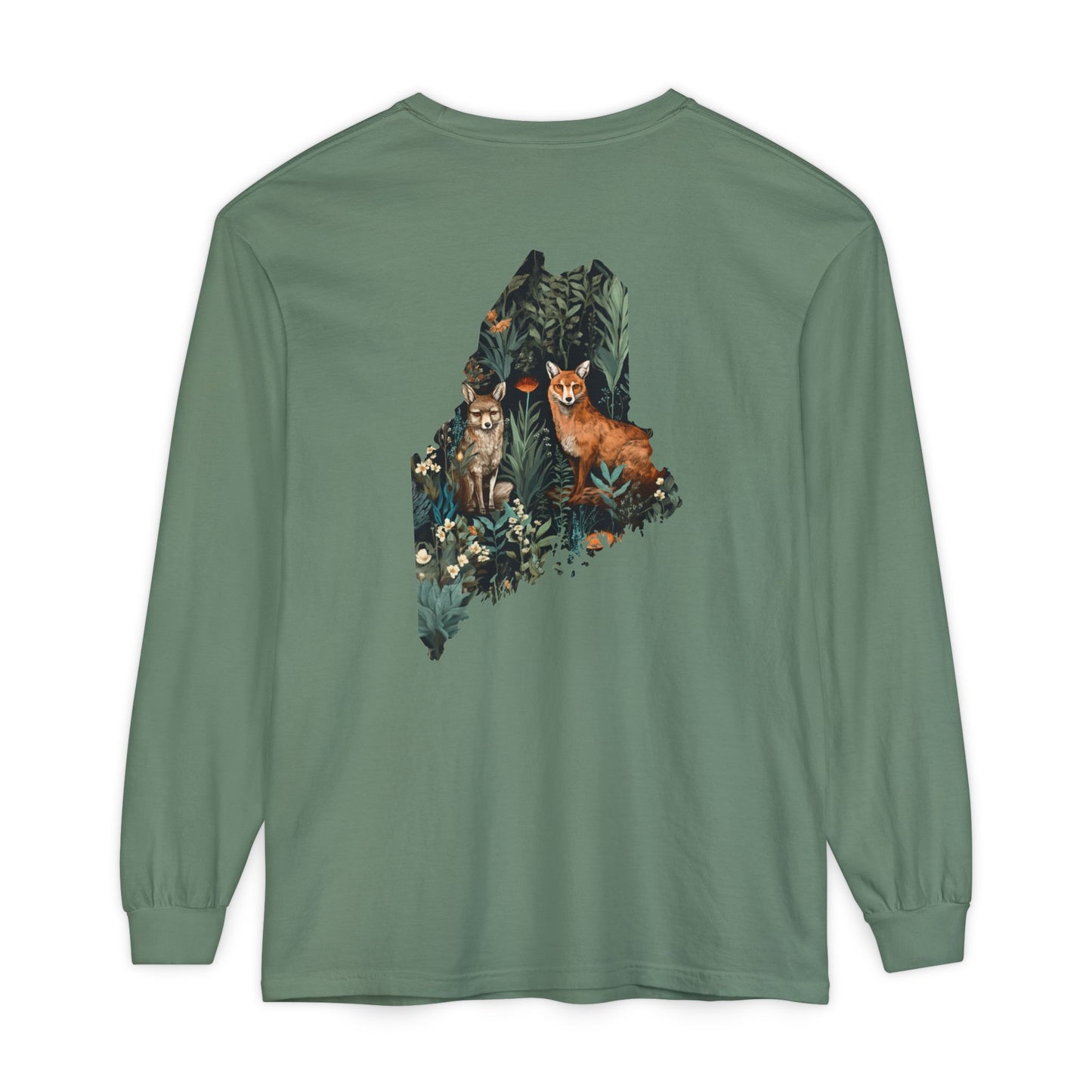 Foxes in Wildflowers Maine State 100% Cotton Long Sleeve T-Shirt