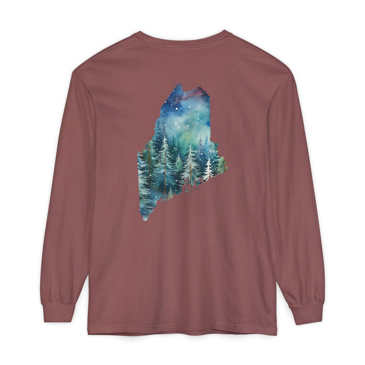 Winter Watercolor Evergreens Maine Comfort Colors Unisex Garment-dyed Long Sleeve T-Shirt