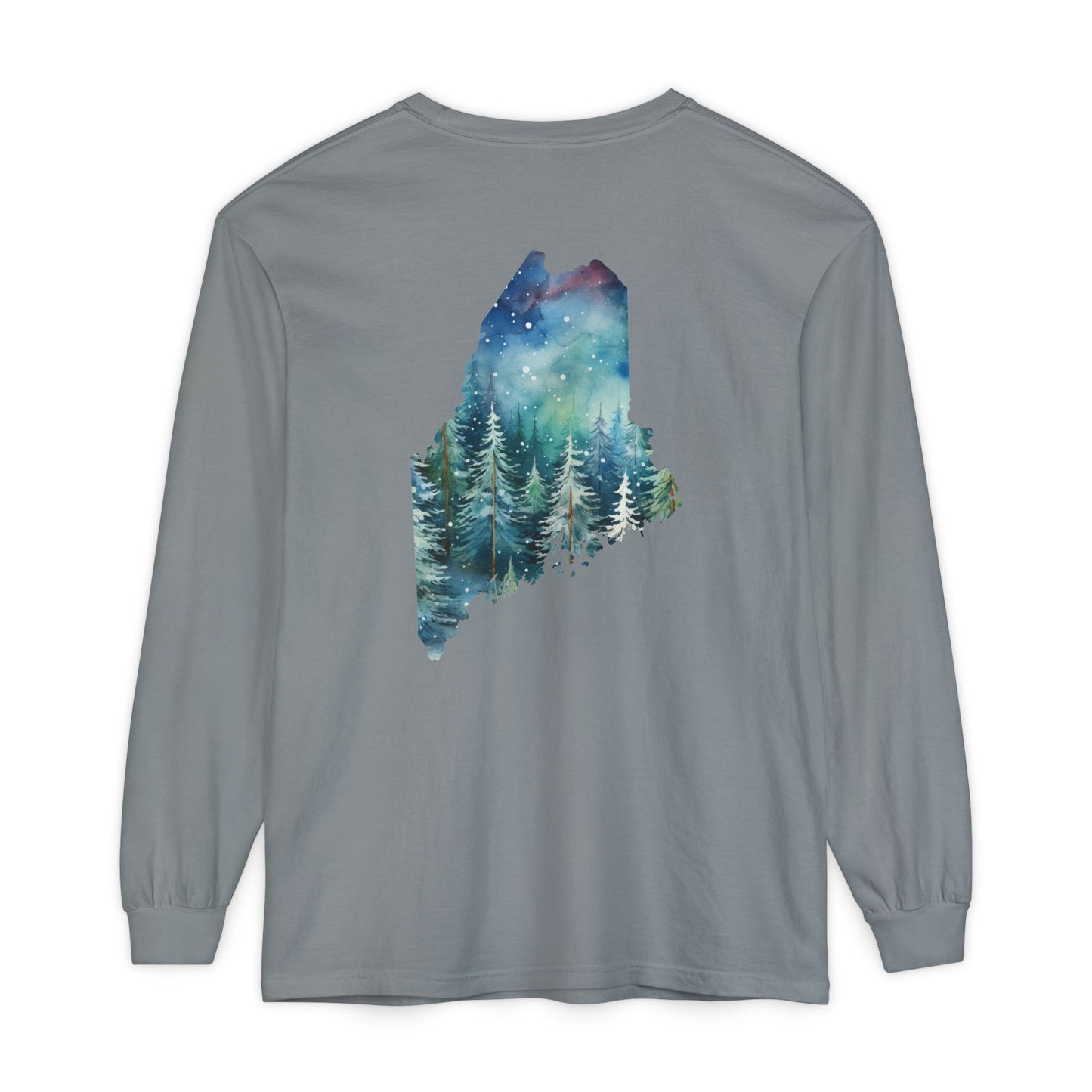 Winter Watercolor Evergreens Maine Comfort Colors Unisex Garment-dyed Long Sleeve T-Shirt