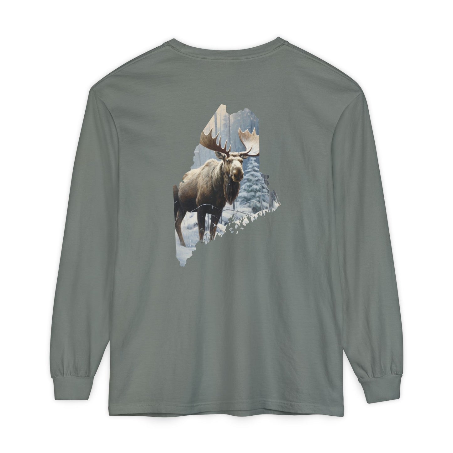 Winter Moose in Maine State 100% Cotton Long Sleeve T-Shirt