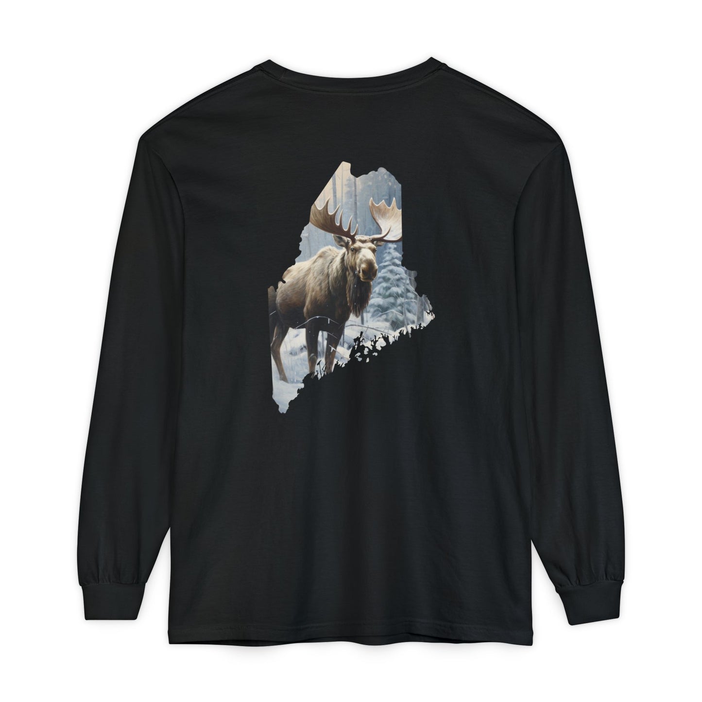 Winter Moose in Maine State 100% Cotton Long Sleeve T-Shirt