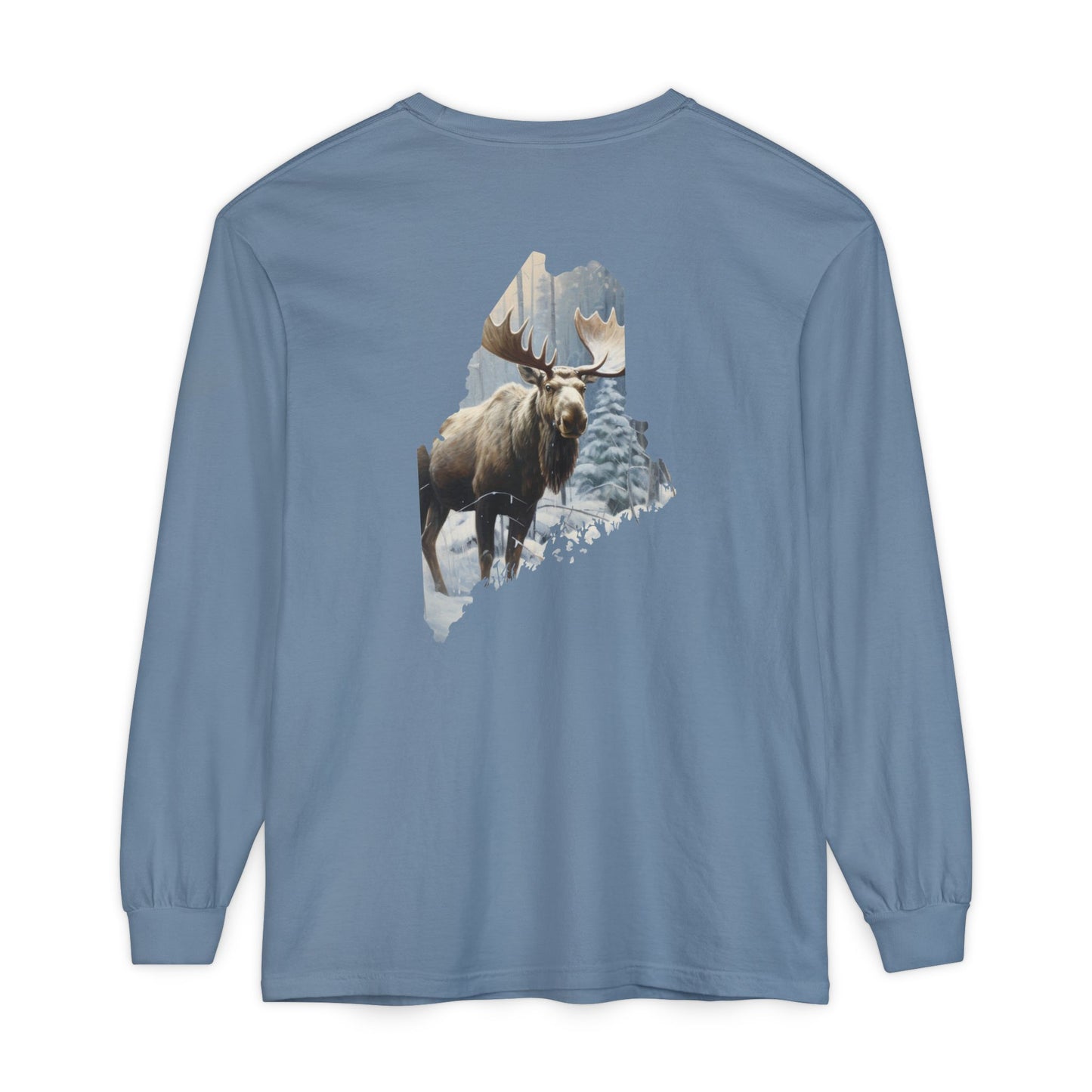 Winter Moose in Maine State 100% Cotton Long Sleeve T-Shirt
