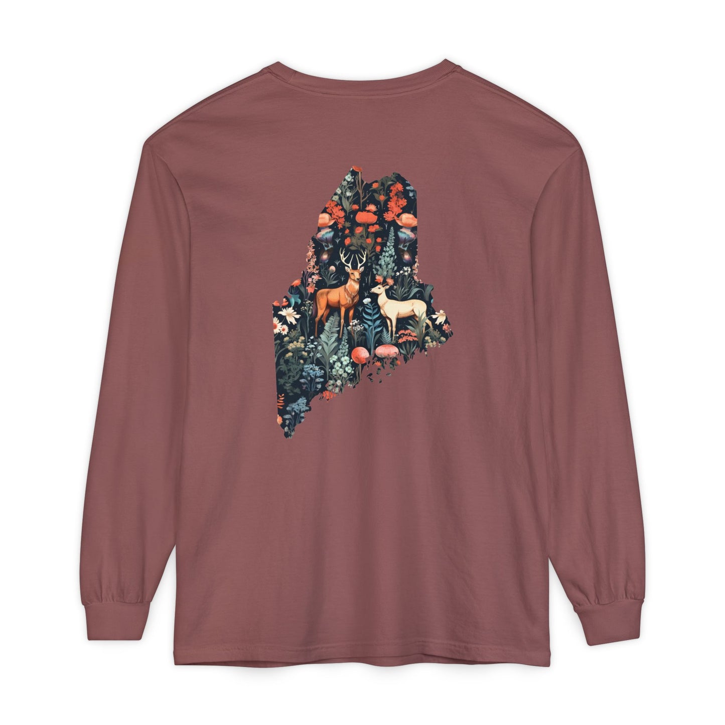 Folksy Deer Maine State 100% Cotton Long Sleeve T-Shirt