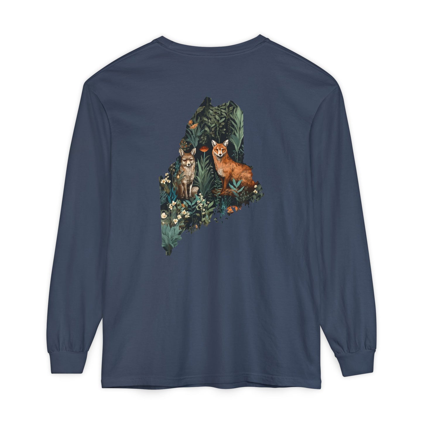 Foxes in Wildflowers Maine State 100% Cotton Long Sleeve T-Shirt