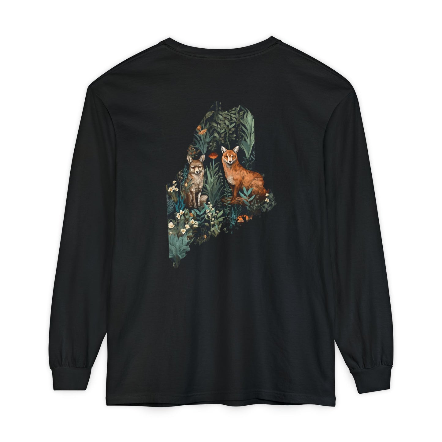 Foxes in Wildflowers Maine State 100% Cotton Long Sleeve T-Shirt