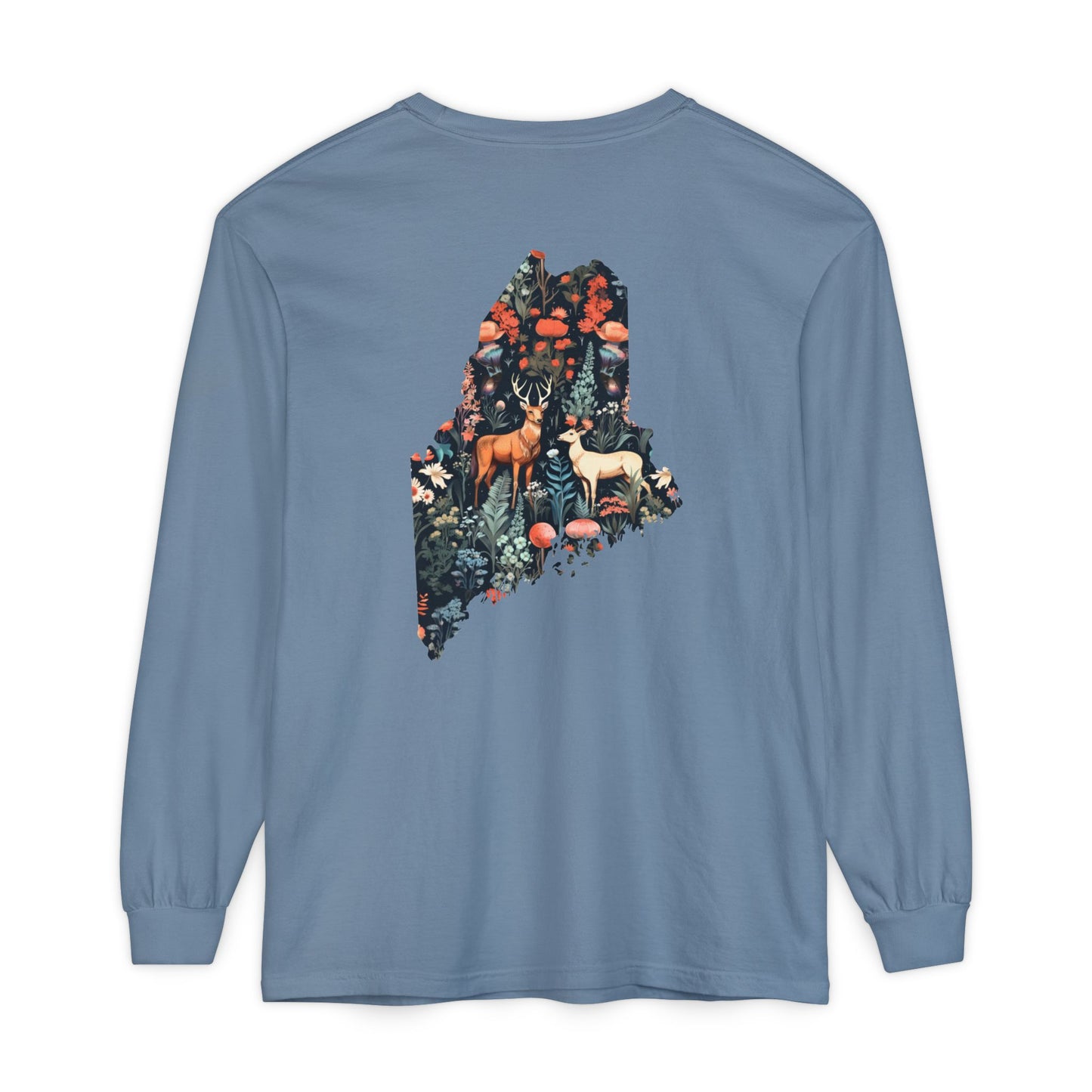 Folksy Deer Maine State 100% Cotton Long Sleeve T-Shirt