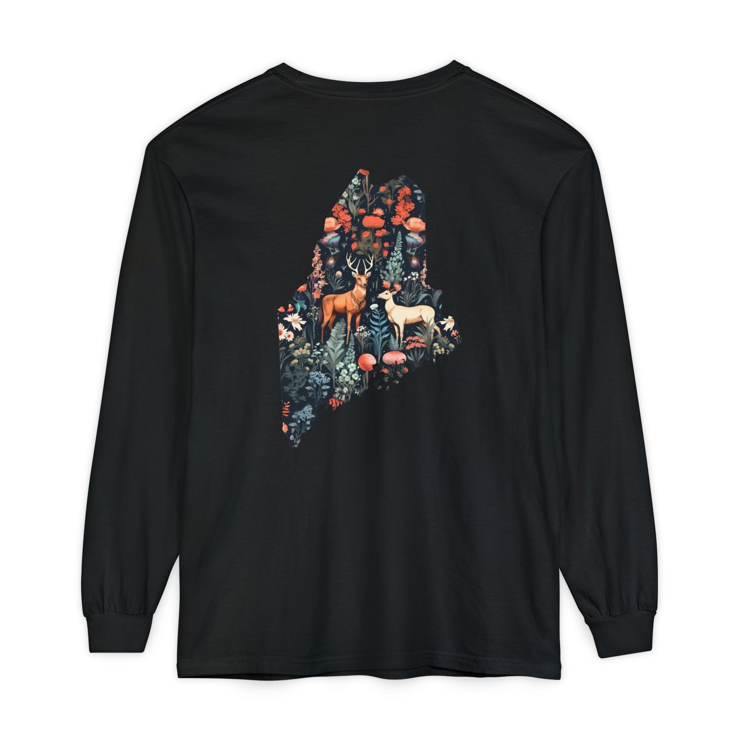 Folksy Deer Maine State 100% Cotton Long Sleeve T-Shirt