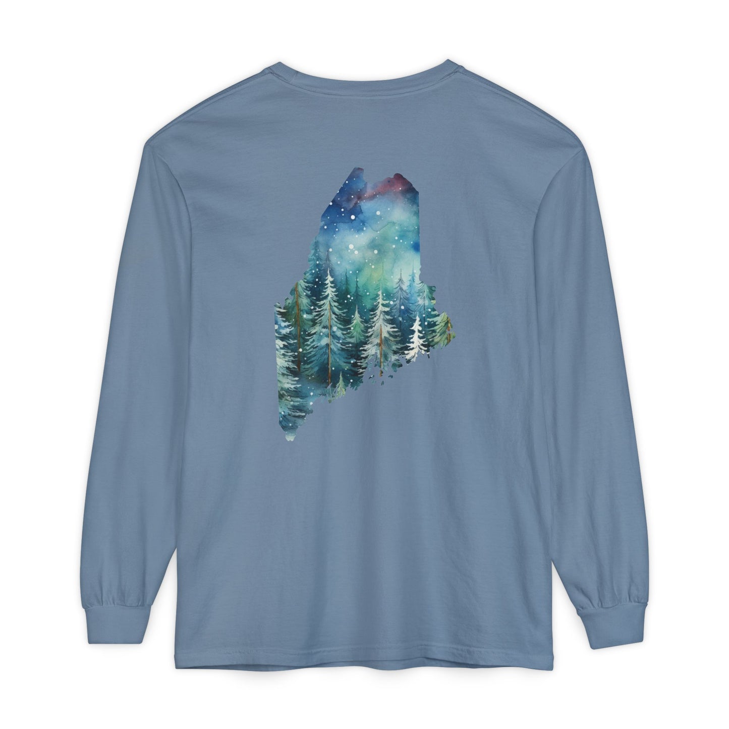 Winter Watercolor Evergreens Maine Comfort Colors Unisex Garment-dyed Long Sleeve T-Shirt