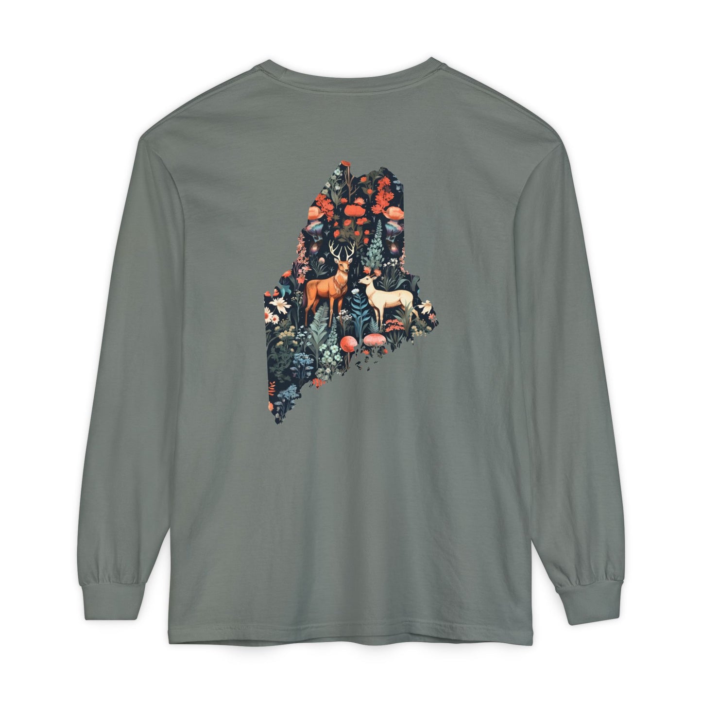 Folksy Deer Maine State 100% Cotton Long Sleeve T-Shirt