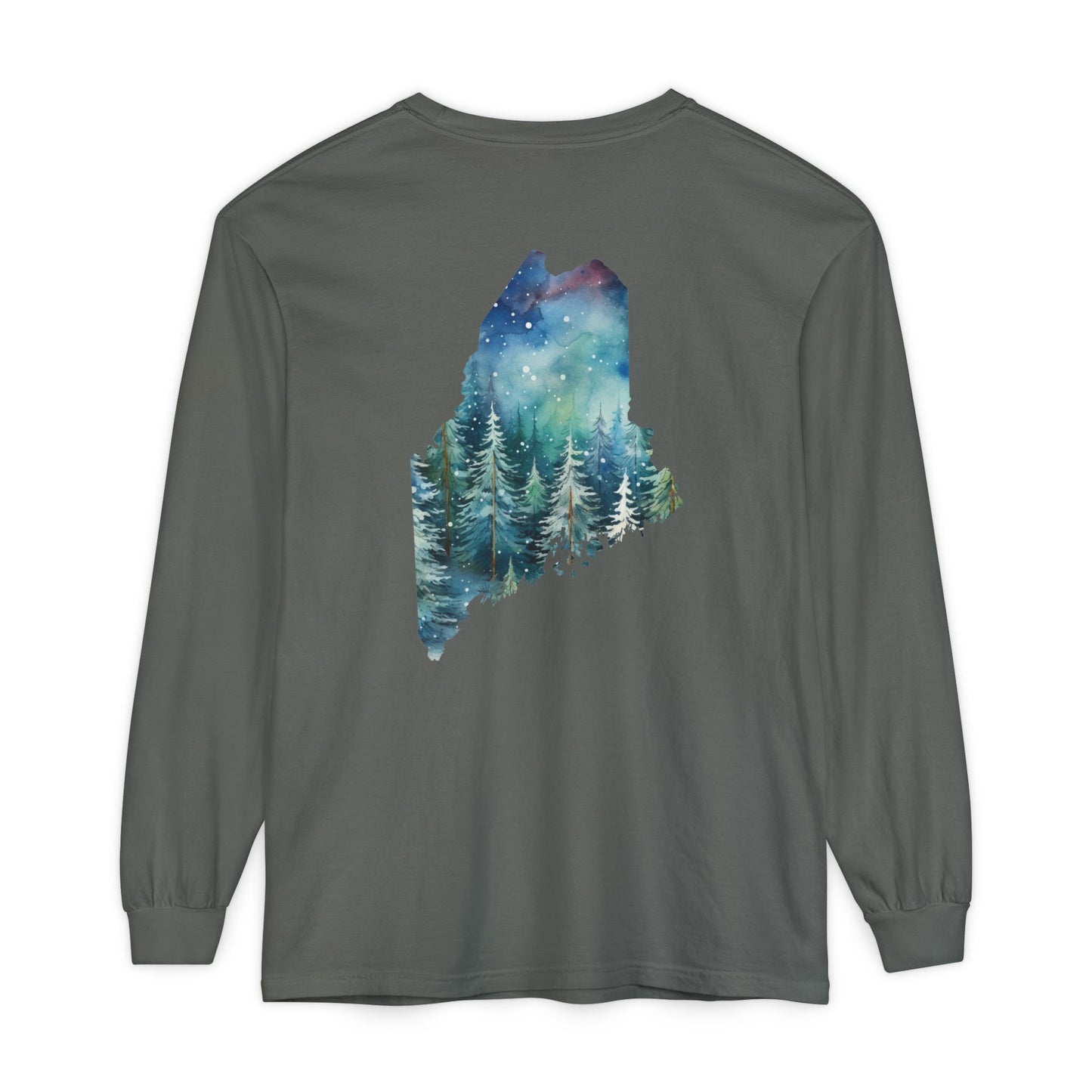 Winter Watercolor Evergreens Maine Comfort Colors Unisex Garment-dyed Long Sleeve T-Shirt