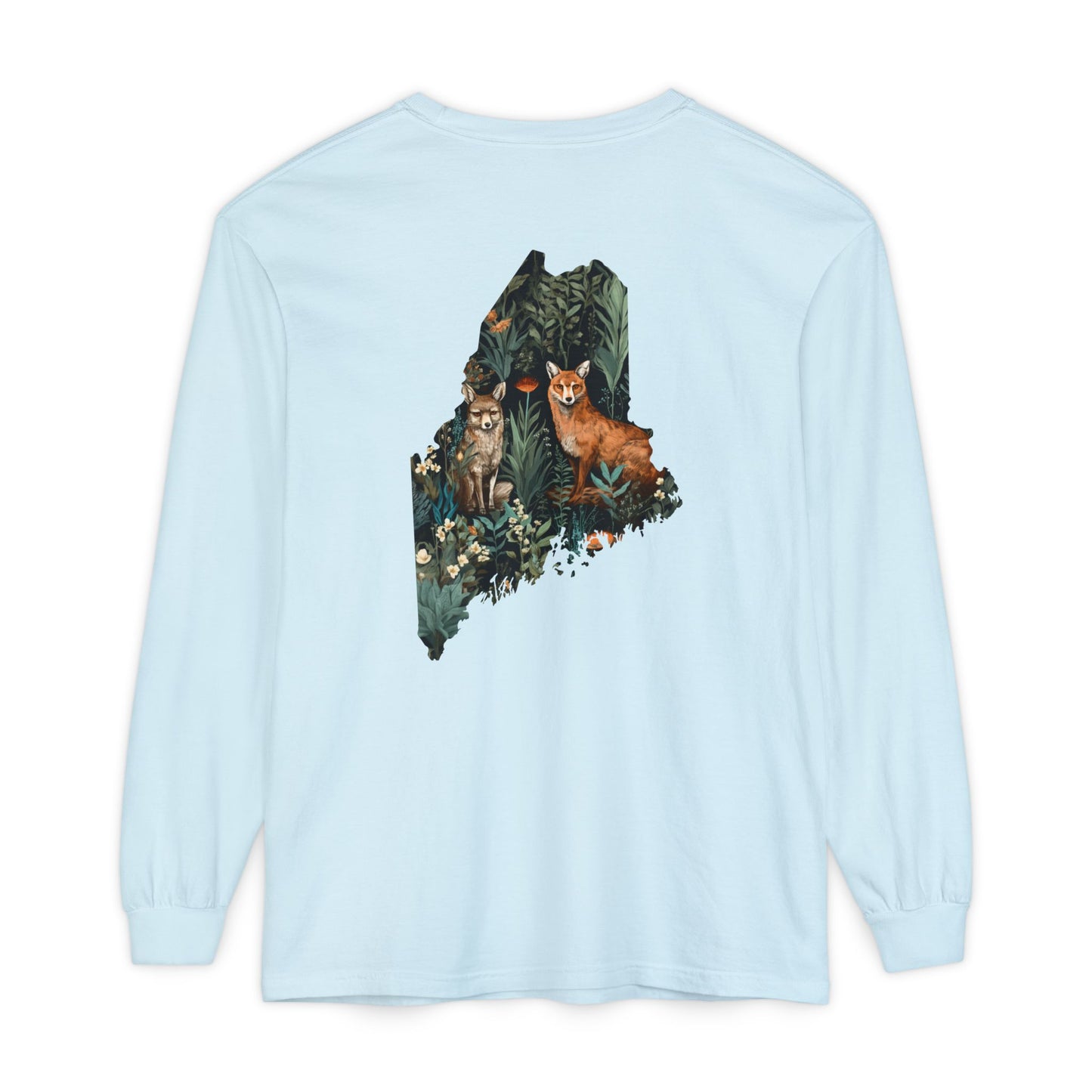 Foxes in Wildflowers Maine State 100% Cotton Long Sleeve T-Shirt