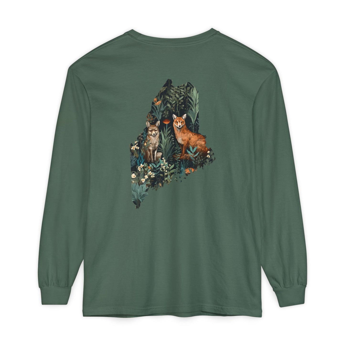 Foxes in Wildflowers Maine State 100% Cotton Long Sleeve T-Shirt