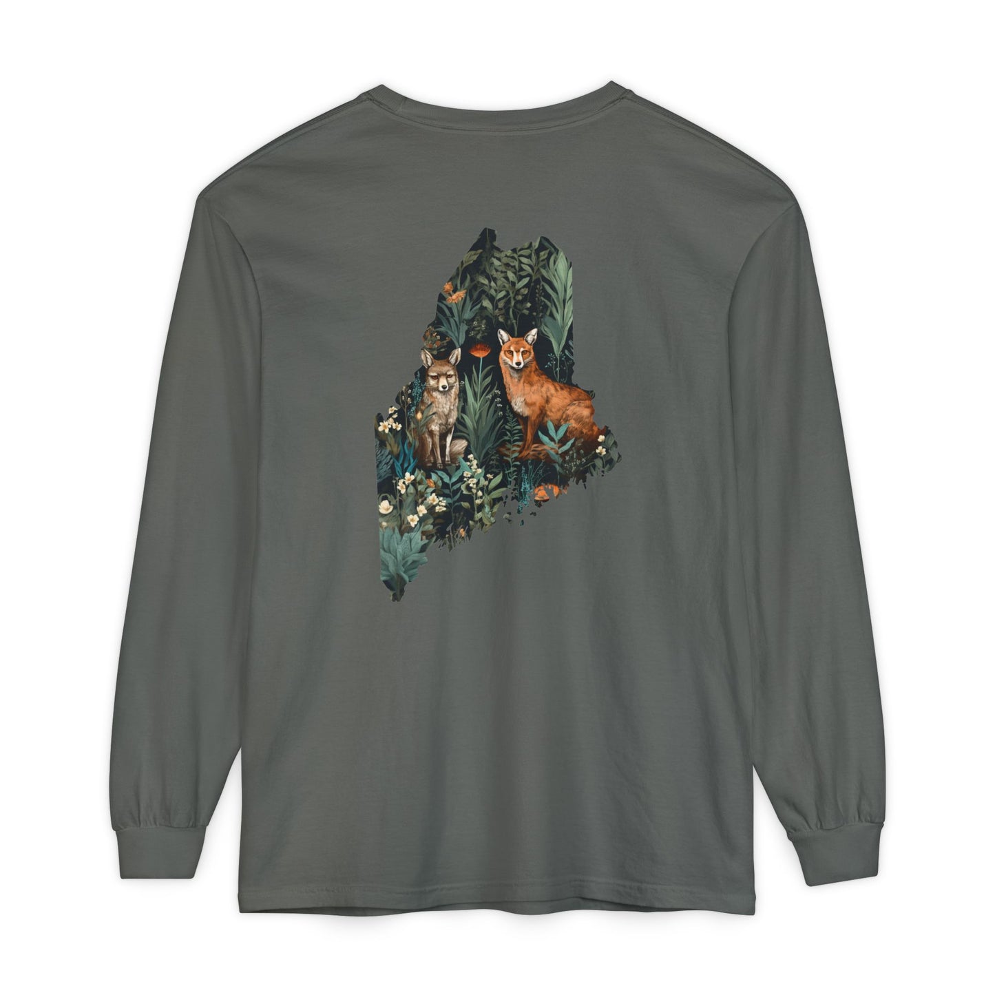 Foxes in Wildflowers Maine State 100% Cotton Long Sleeve T-Shirt