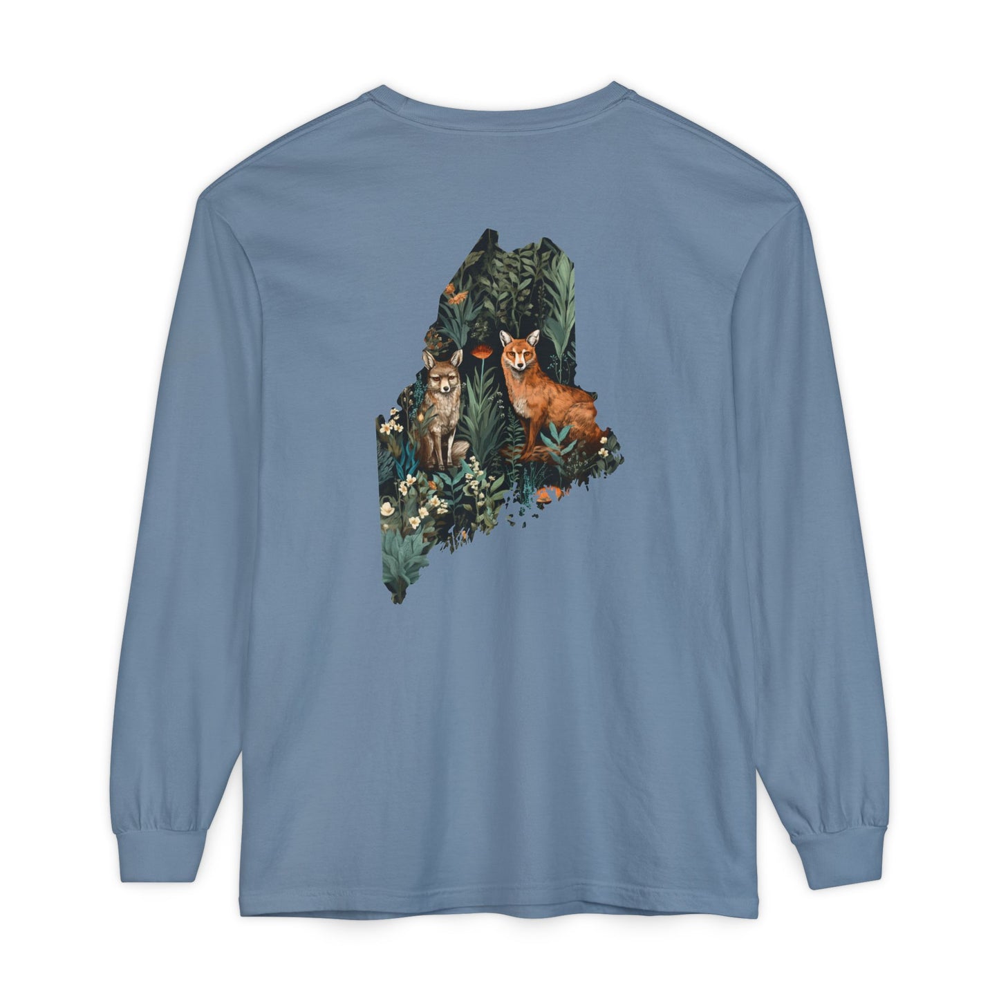 Foxes in Wildflowers Maine State 100% Cotton Long Sleeve T-Shirt