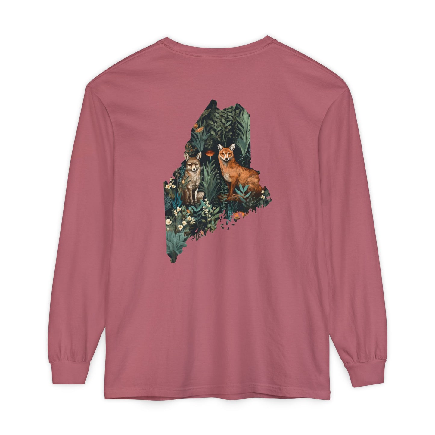 Foxes in Wildflowers Maine State 100% Cotton Long Sleeve T-Shirt