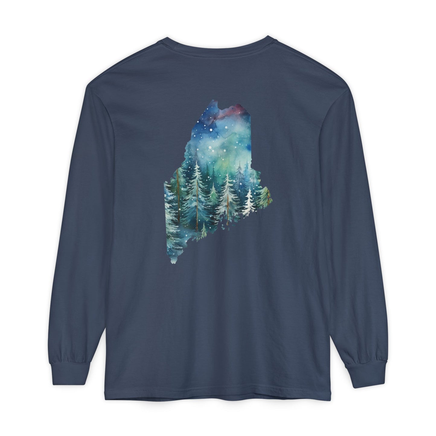 Winter Watercolor Evergreens Maine Comfort Colors Unisex Garment-dyed Long Sleeve T-Shirt