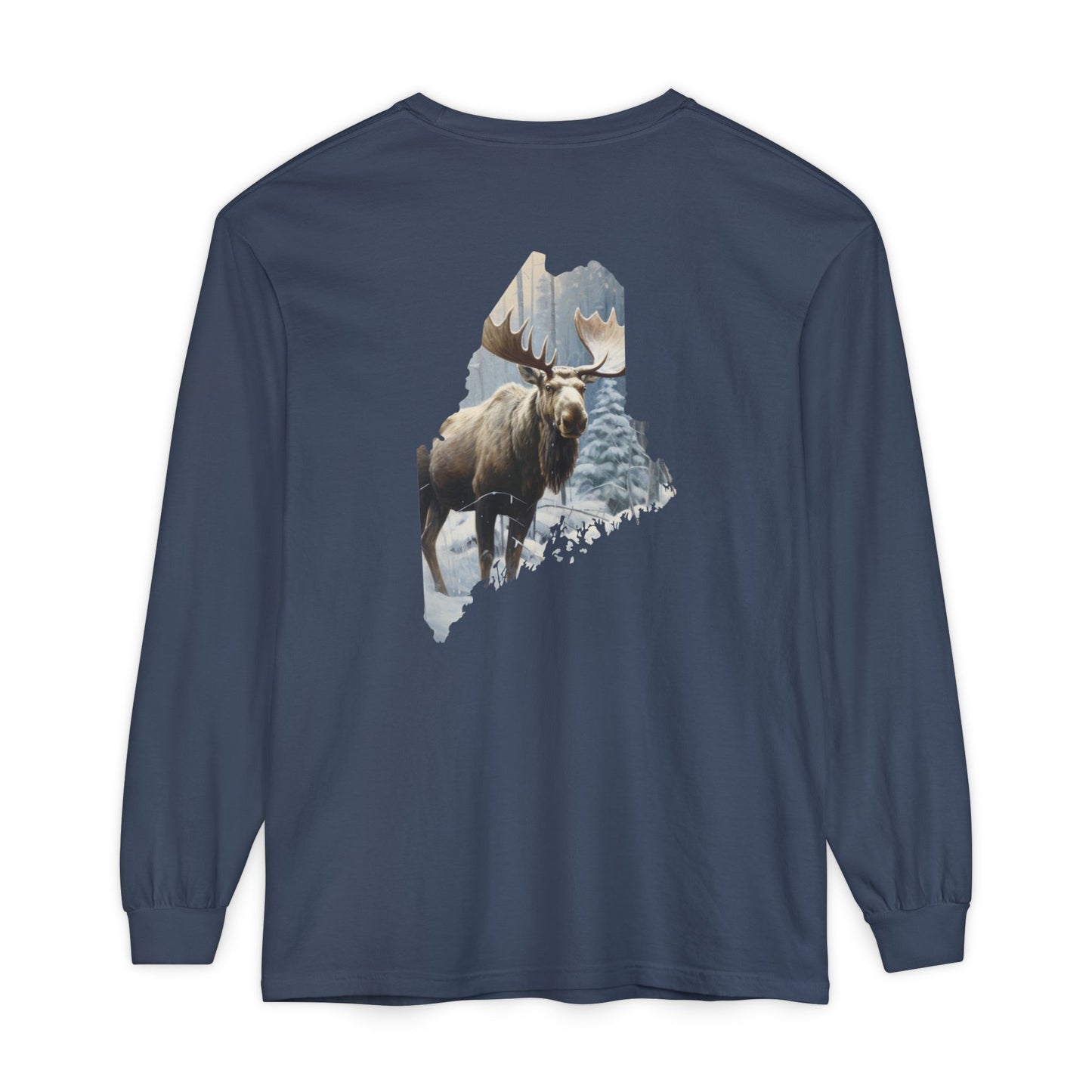 Winter Moose in Maine State 100% Cotton Long Sleeve T-Shirt