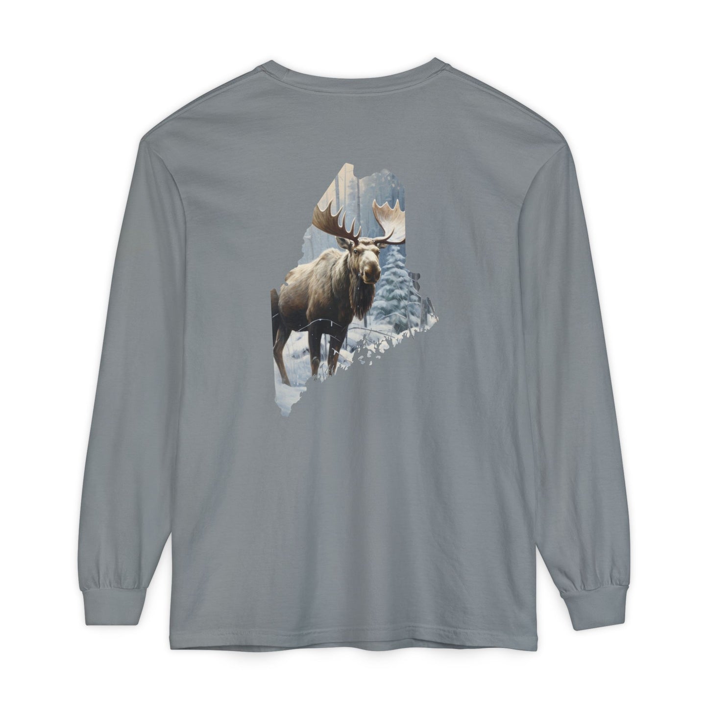 Winter Moose in Maine State 100% Cotton Long Sleeve T-Shirt
