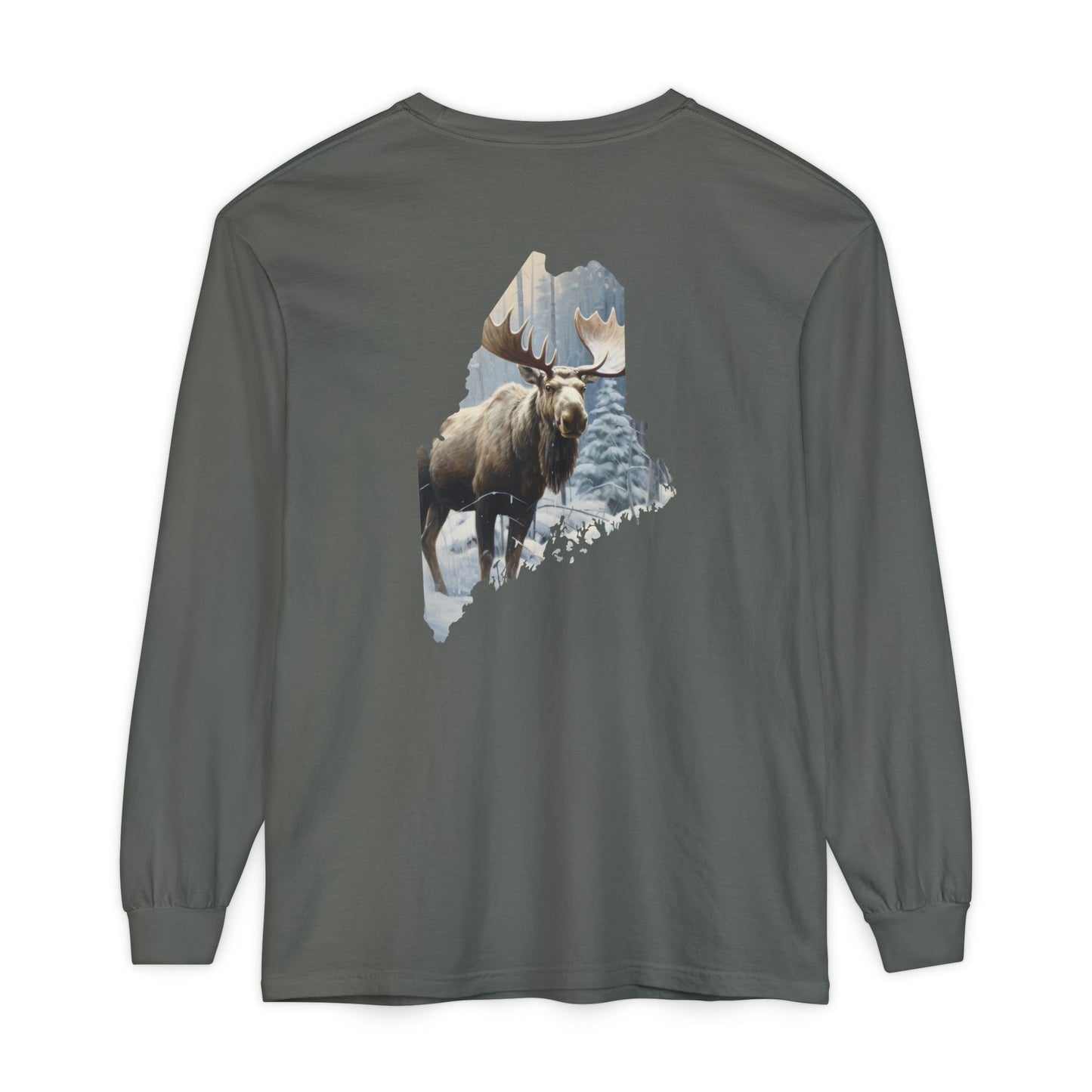 Winter Moose in Maine State 100% Cotton Long Sleeve T-Shirt