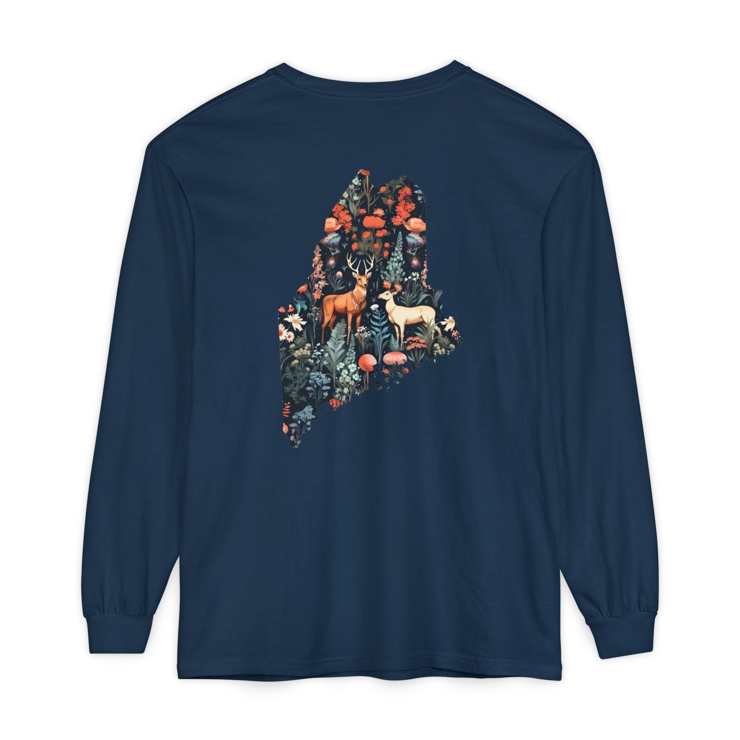 Folksy Deer Maine State 100% Cotton Long Sleeve T-Shirt