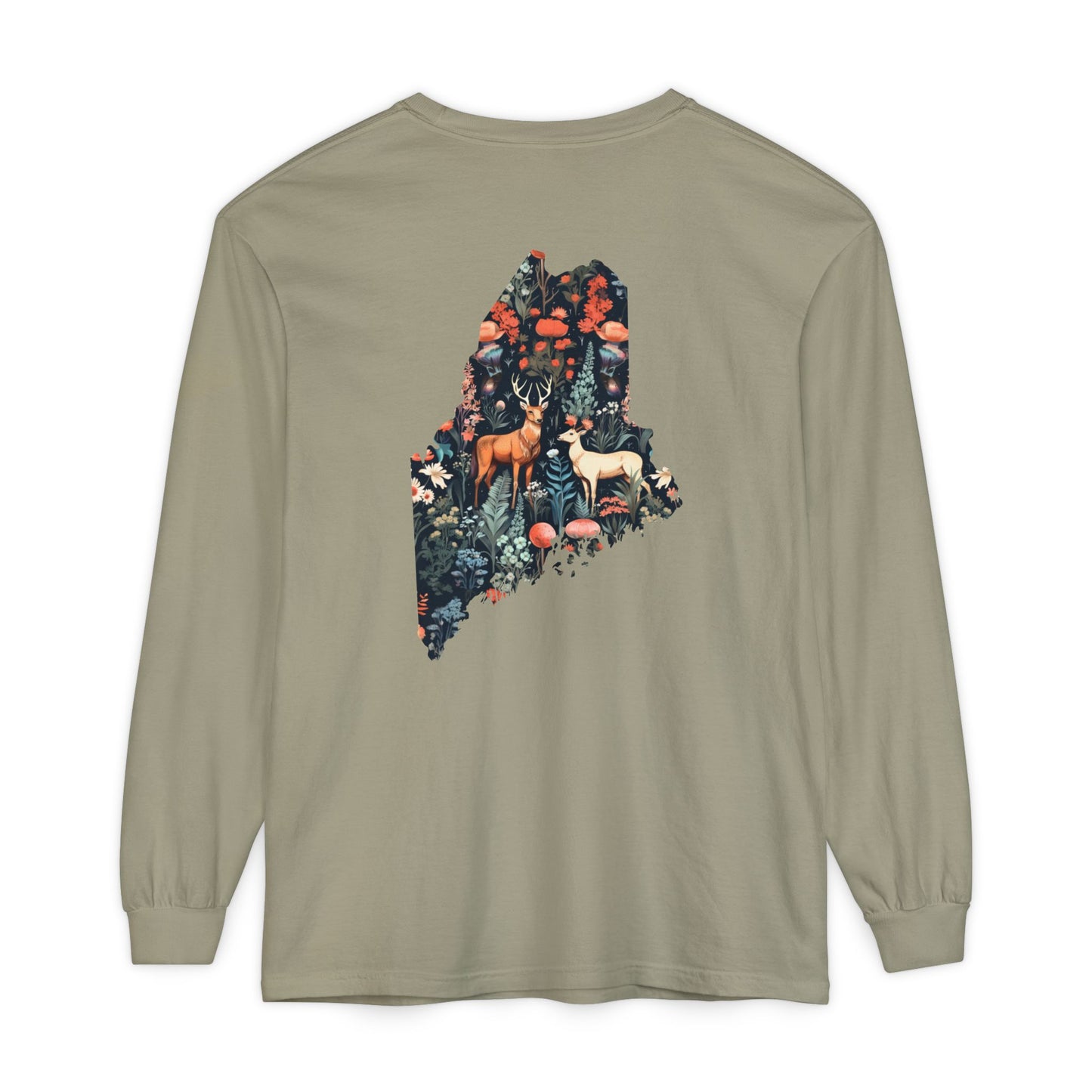 Folksy Deer Maine State 100% Cotton Long Sleeve T-Shirt