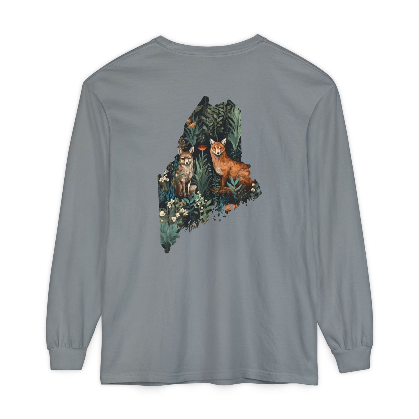 Foxes in Wildflowers Maine State 100% Cotton Long Sleeve T-Shirt