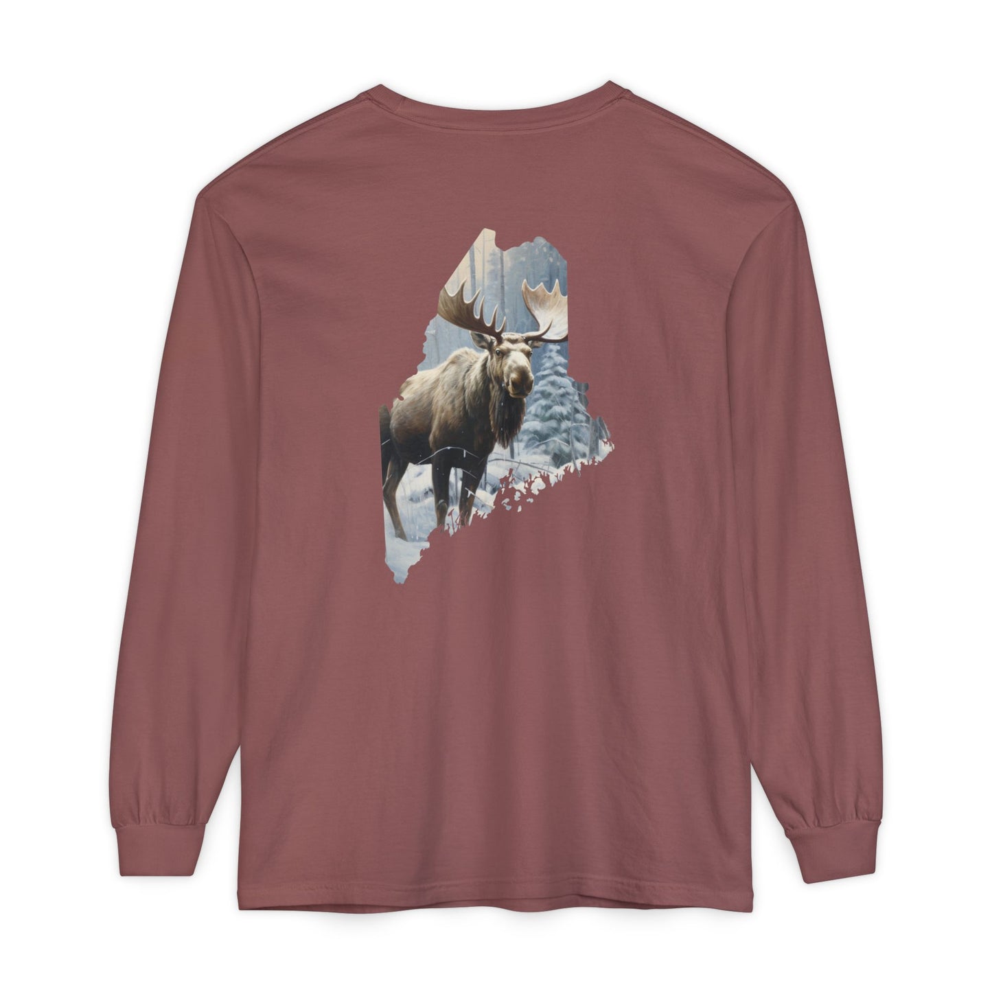 Winter Moose in Maine State 100% Cotton Long Sleeve T-Shirt