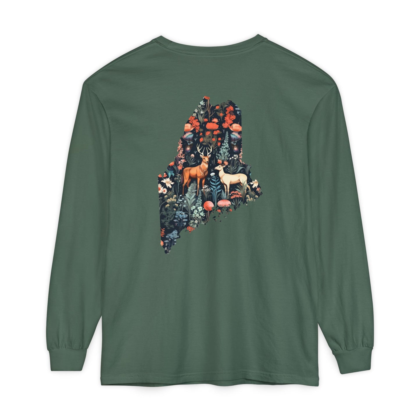 Folksy Deer Maine State 100% Cotton Long Sleeve T-Shirt