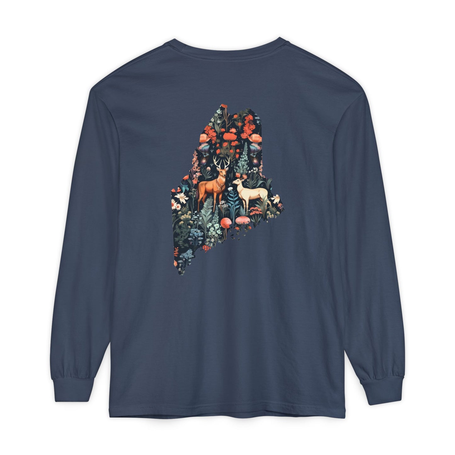 Folksy Deer Maine State 100% Cotton Long Sleeve T-Shirt
