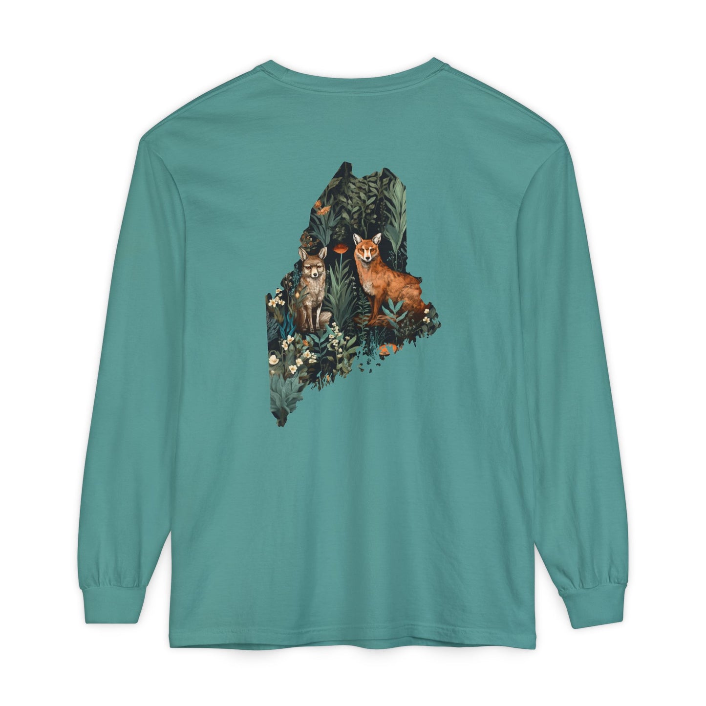 Foxes in Wildflowers Maine State 100% Cotton Long Sleeve T-Shirt