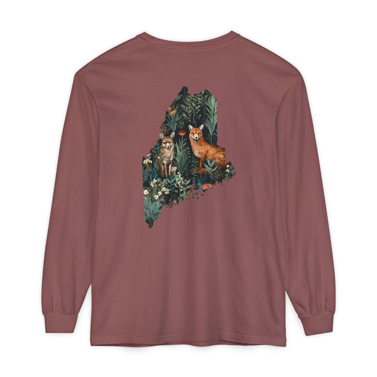 Foxes in Wildflowers Maine State 100% Cotton Long Sleeve T-Shirt