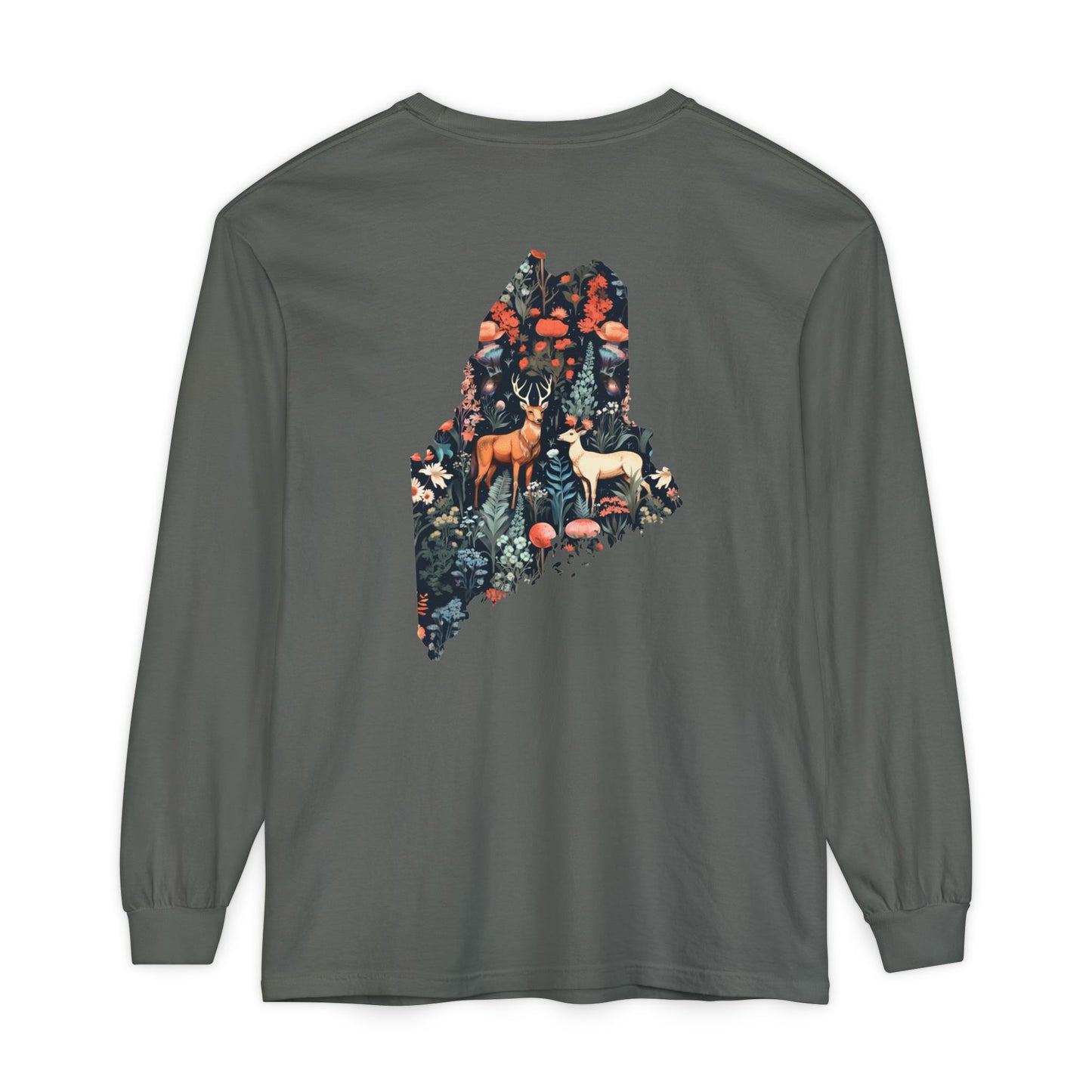 Folksy Deer Maine State 100% Cotton Long Sleeve T-Shirt