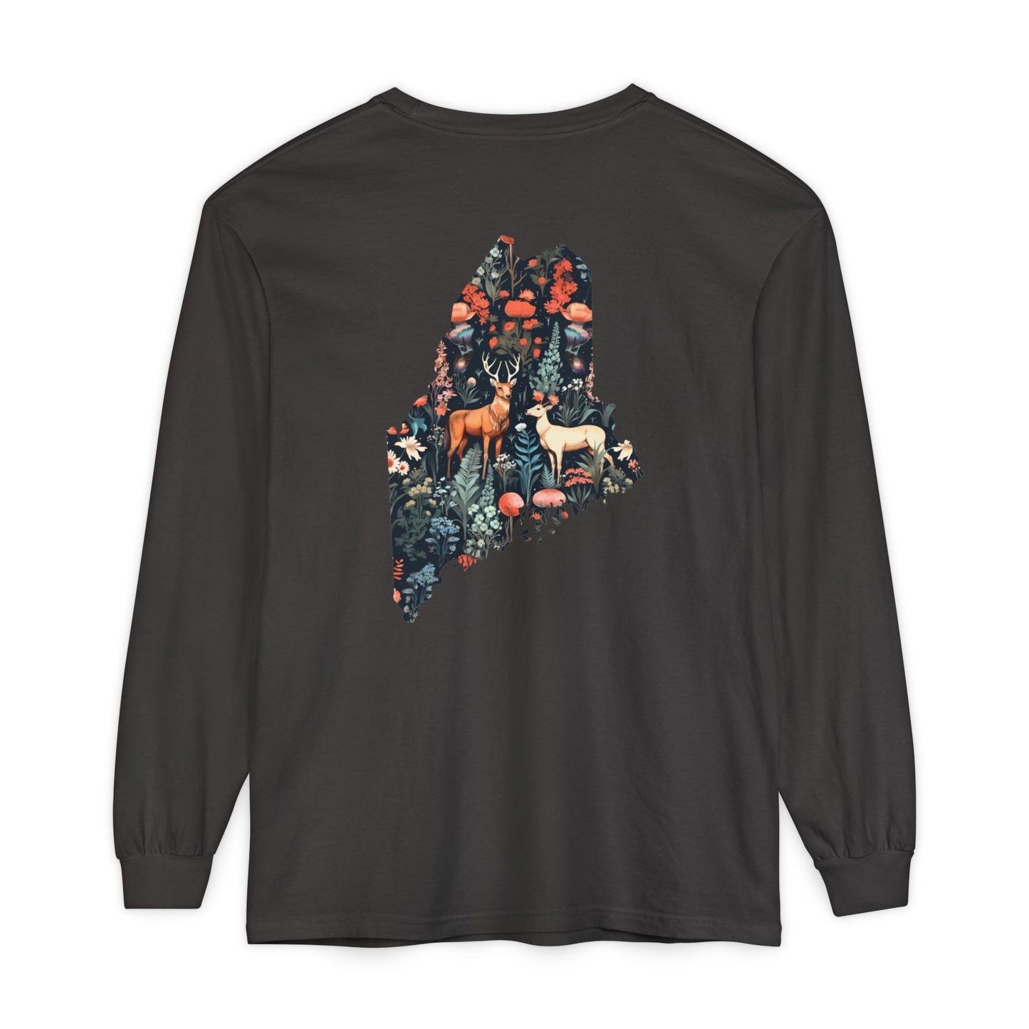 Folksy Deer Maine State 100% Cotton Long Sleeve T-Shirt
