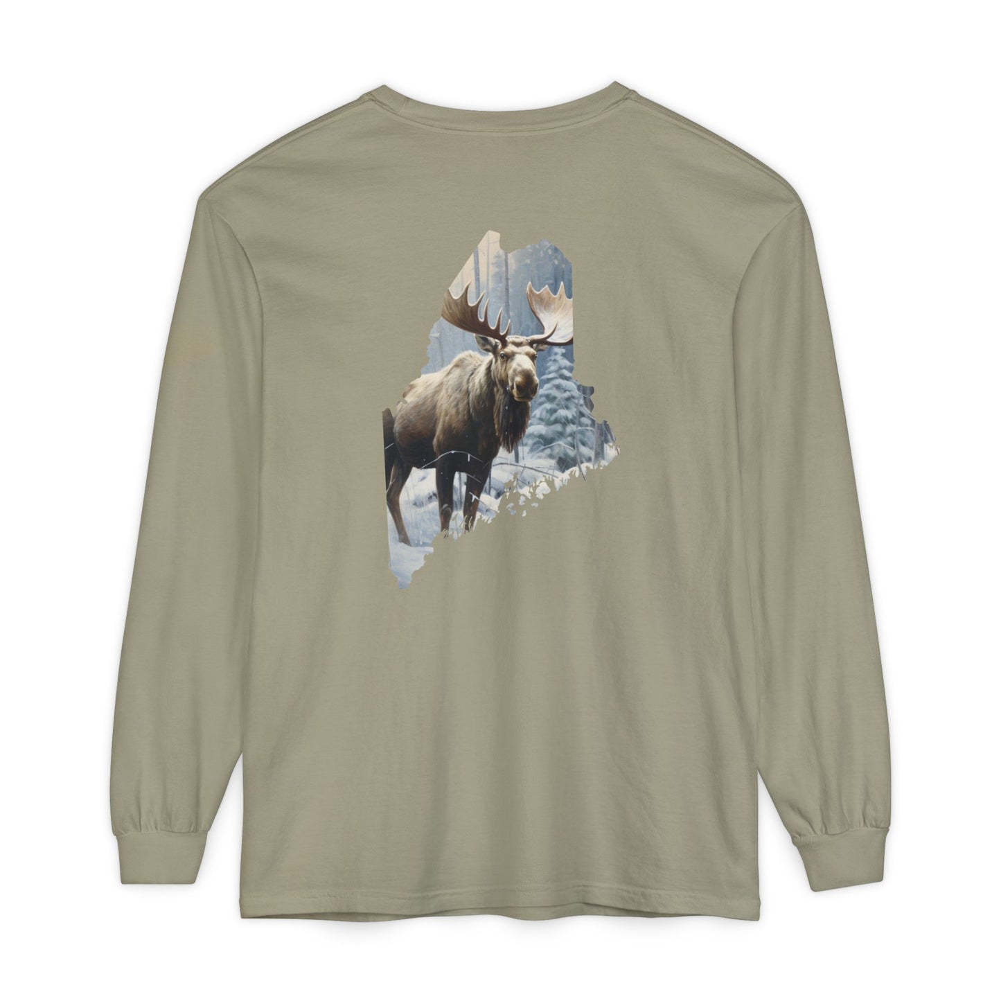 Winter Moose in Maine State 100% Cotton Long Sleeve T-Shirt