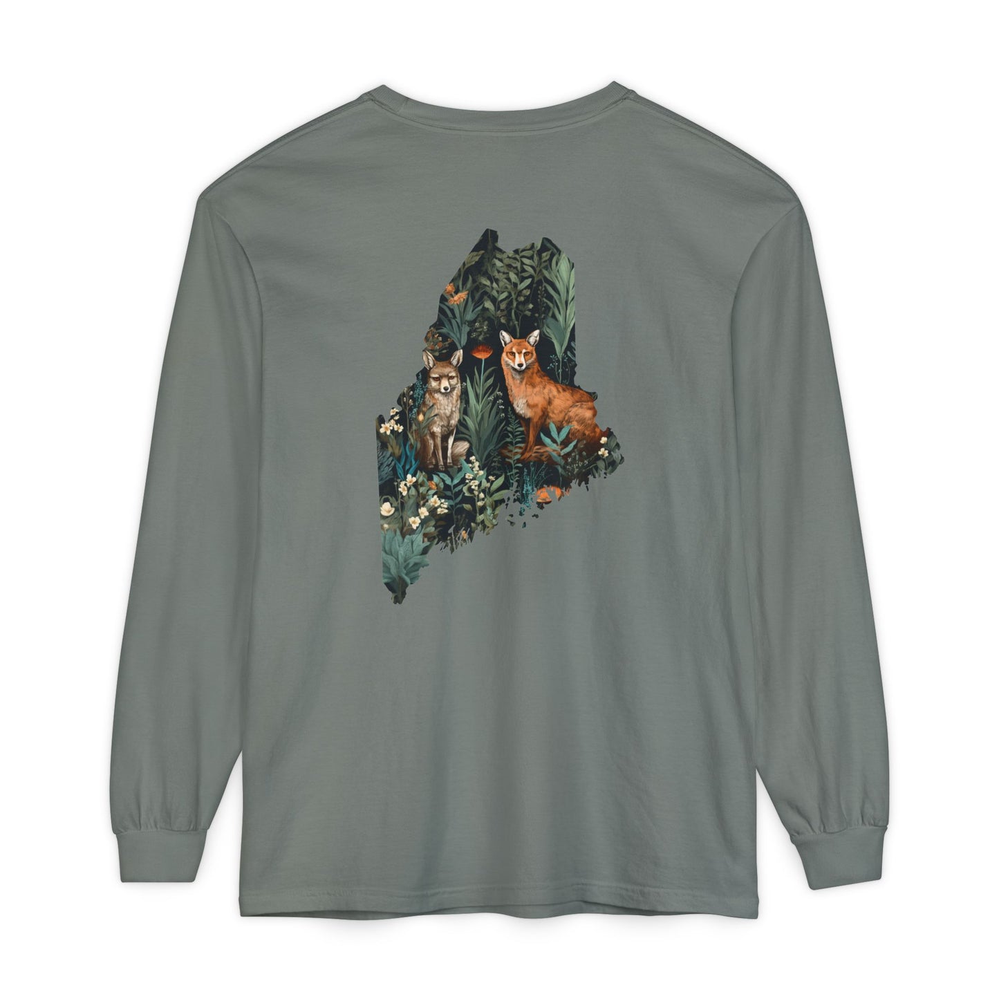 Foxes in Wildflowers Maine State 100% Cotton Long Sleeve T-Shirt