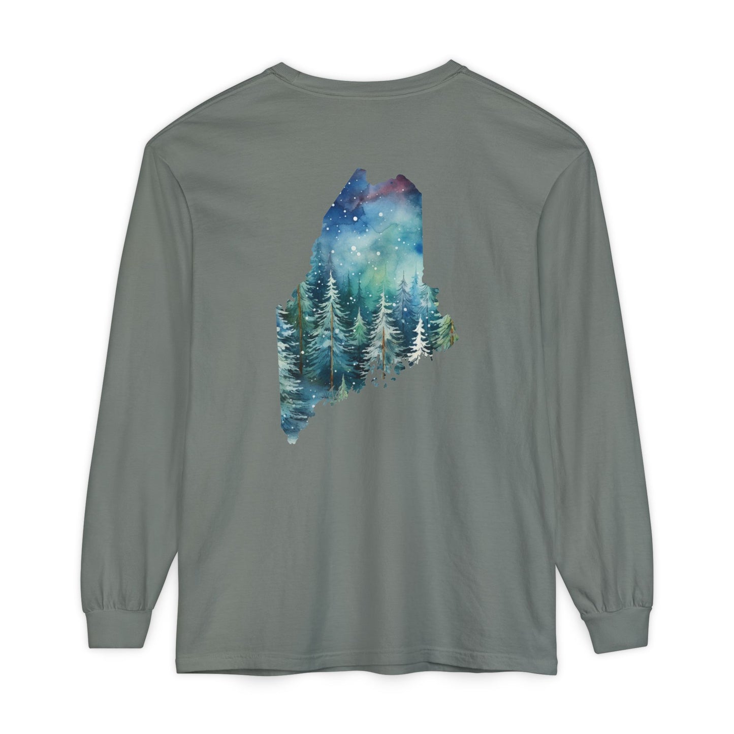 Winter Watercolor Evergreens Maine Comfort Colors Unisex Garment-dyed Long Sleeve T-Shirt