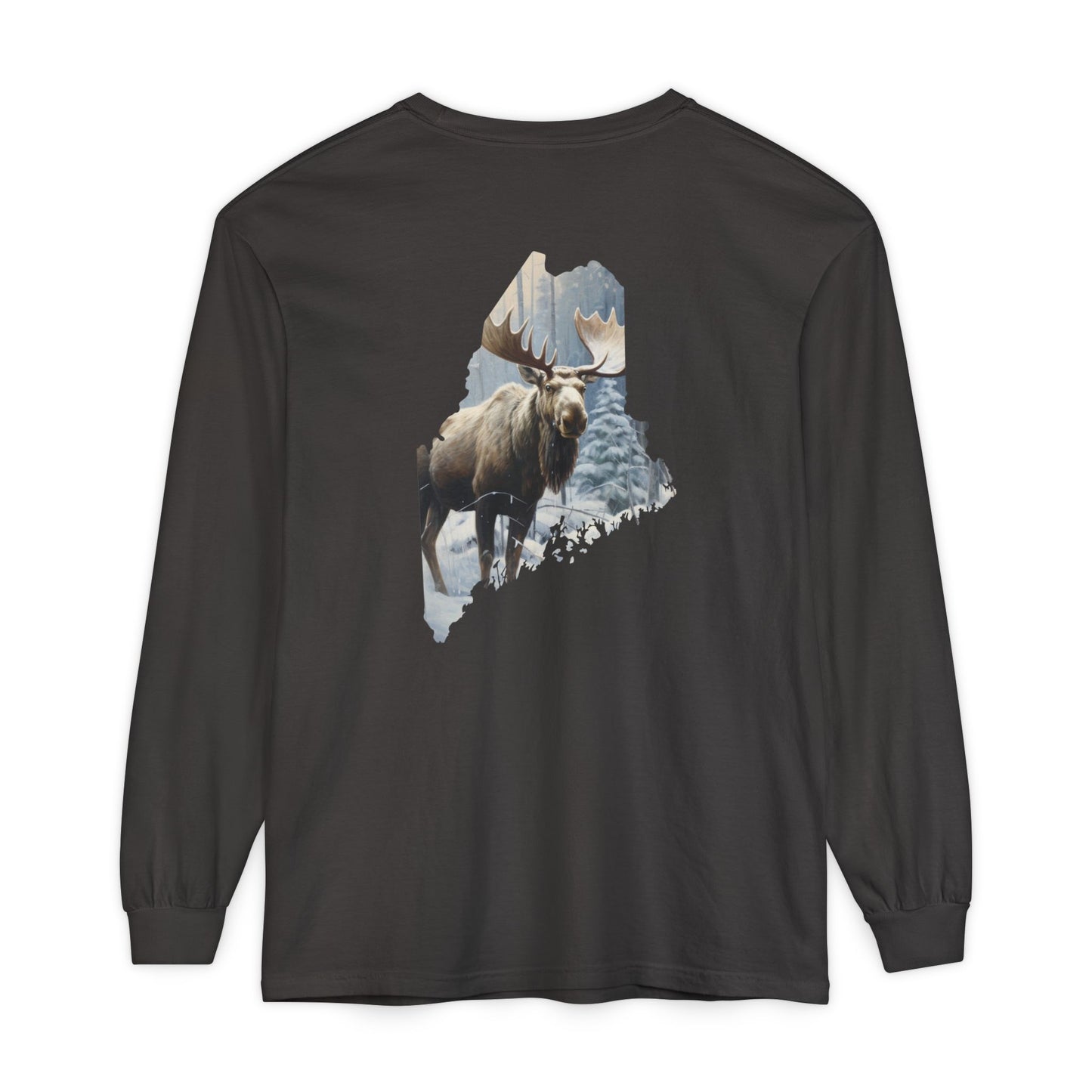 Winter Moose in Maine State 100% Cotton Long Sleeve T-Shirt