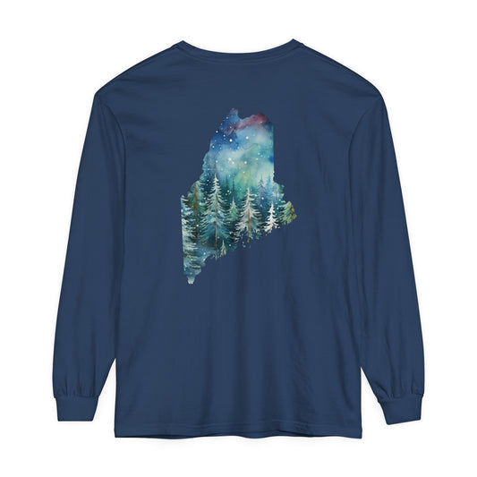 Winter Watercolor Evergreens Maine Comfort Colors Unisex Garment-dyed Long Sleeve T-Shirt