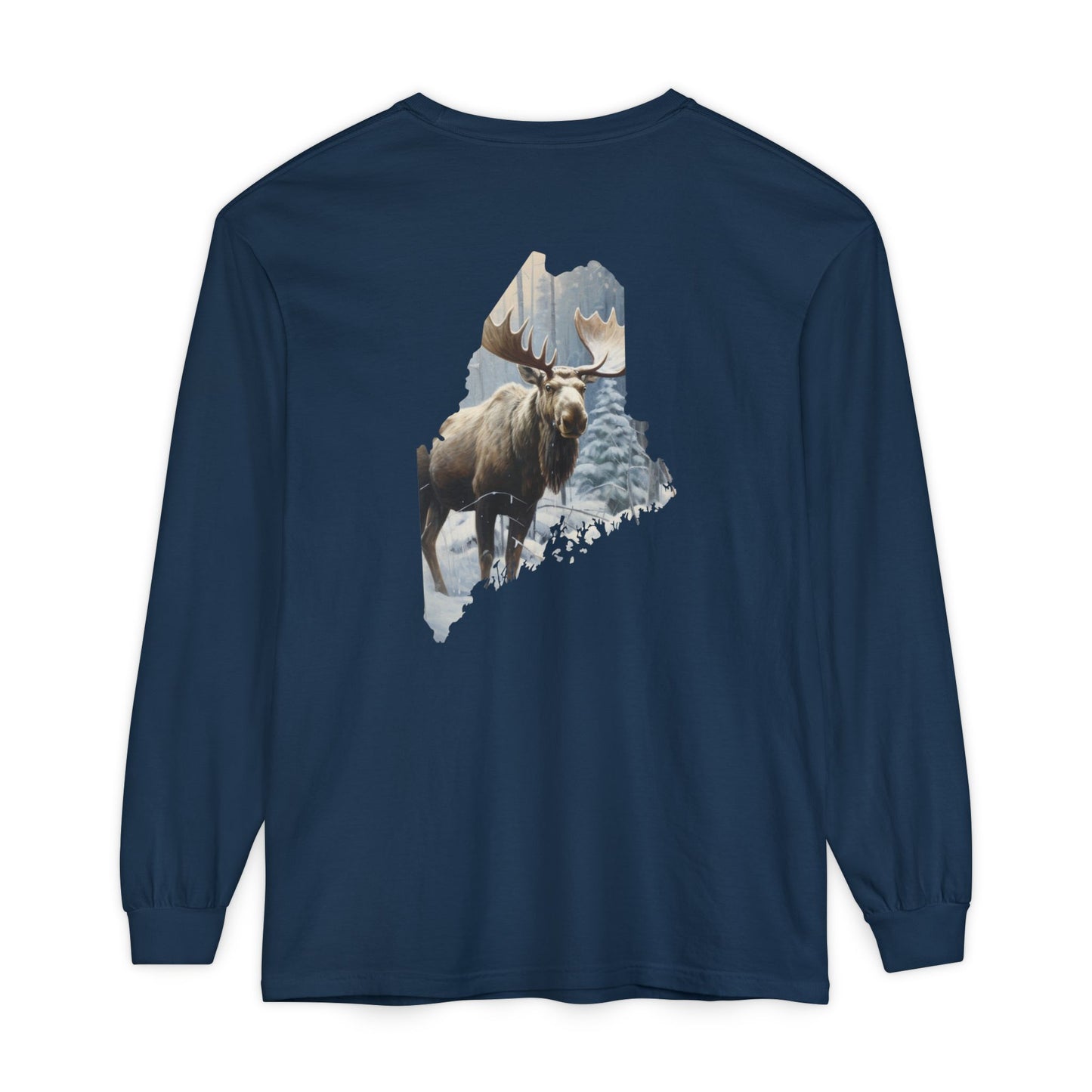 Winter Moose in Maine State 100% Cotton Long Sleeve T-Shirt