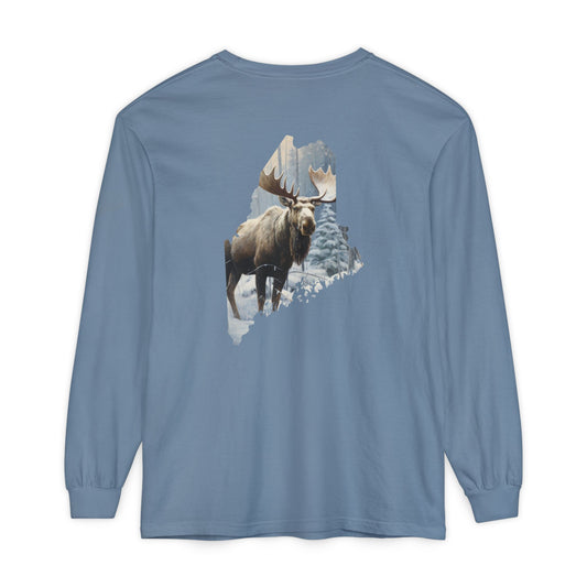 Winter Moose in Maine State 100% Cotton Long Sleeve T-Shirt