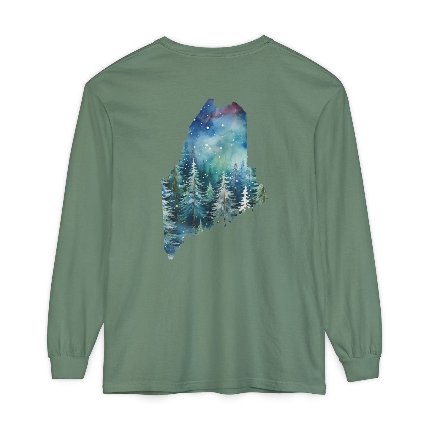 Winter Watercolor Evergreens Maine Comfort Colors Unisex Garment-dyed Long Sleeve T-Shirt