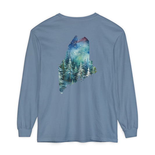 Winter Watercolor Evergreens Maine Comfort Colors Unisex Garment-dyed Long Sleeve T-Shirt